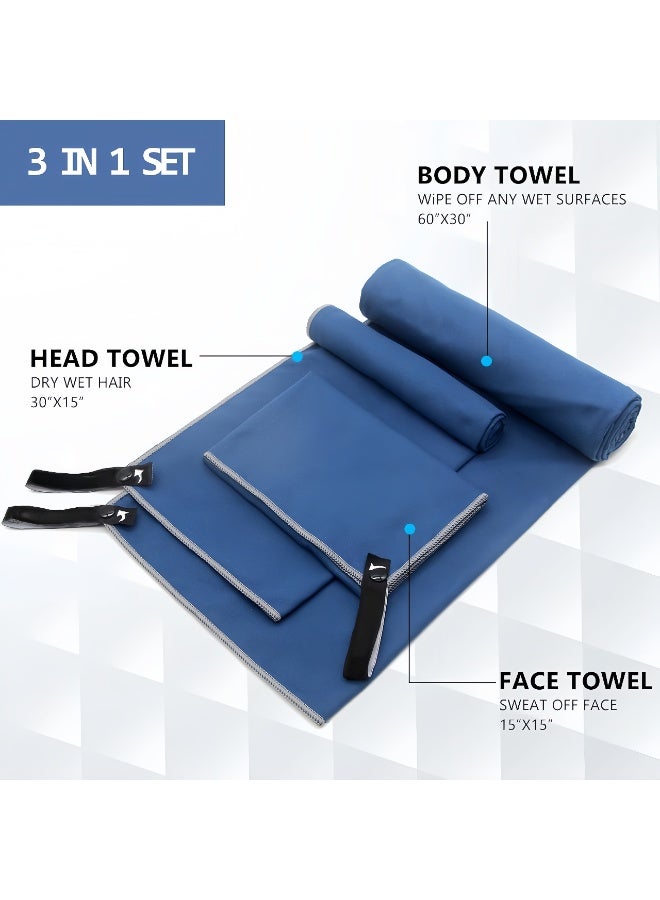 Quick Dry Camping Towel, Microfiber Travel Towel 3 Size at 1 Pack,Fast Drying Towel Set for Camping, Beach, Gym, Sports, Yoga & Swimming Pool, Navy Blue - Image 3